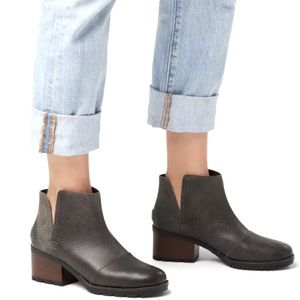 Sorel “Cate” cut-out bootie; grey leather/suede; size 8